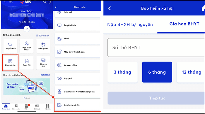 Gia hạn thẻ bảo hiểm y tế thông qua ứng dụng ngân hàng MB.
