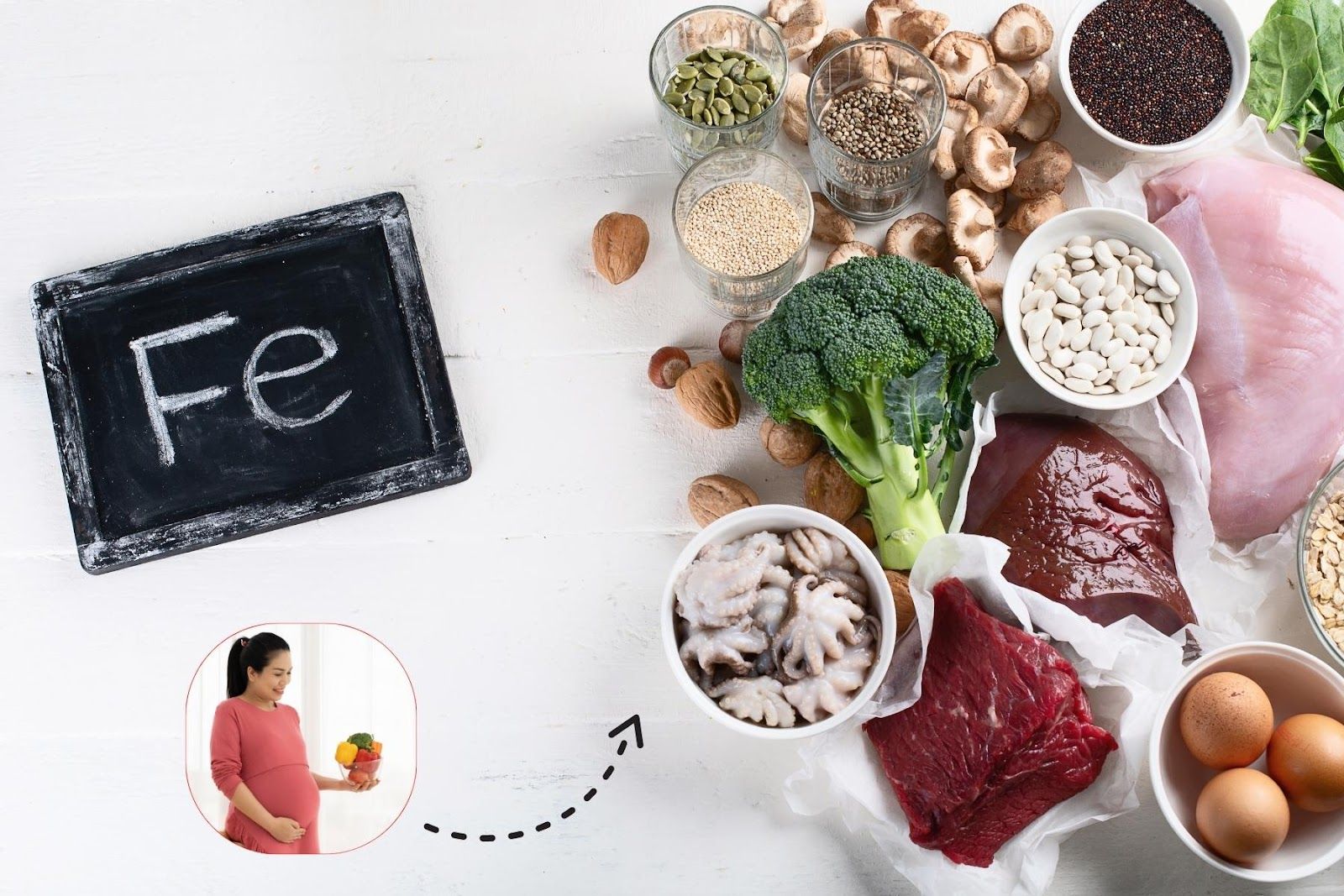Thực phẩm tiêu thụ hằng ngày chính là nguồn bổ sung sắt dồi dào nhất - Nguồn ảnh: Canva