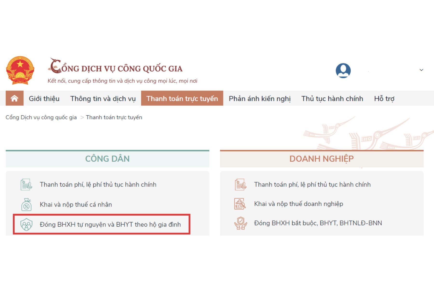 Sau đó,&nbsp;chọn “Đóng bảo hiểm xã hội tự nguyện và bảo hiểm y tế theo hộ gia đình” (Nguồn: Internet)