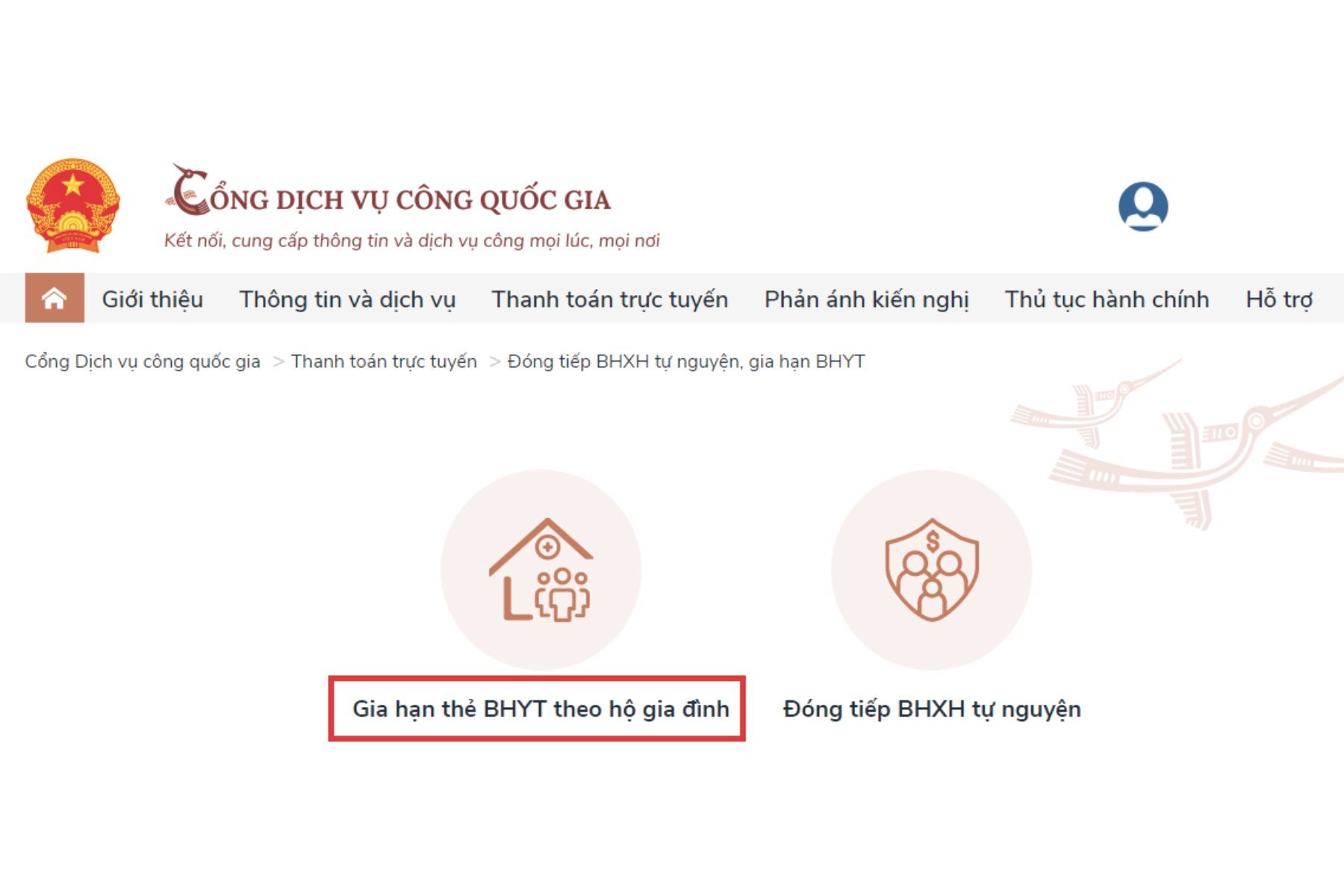 Chọn “Gia hạn thẻ bảo hiểm y tế theo hộ gia đình” (Nguồn: Internet)