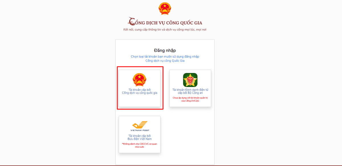 Đăng nhập/Đăng ký tài khoản Cổng dịch vụ công quốc gia