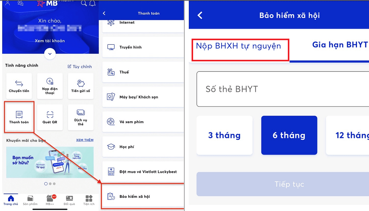 Hướng dẫn đóng BHXH tự nguyện trên ứng dụng ngân hàng