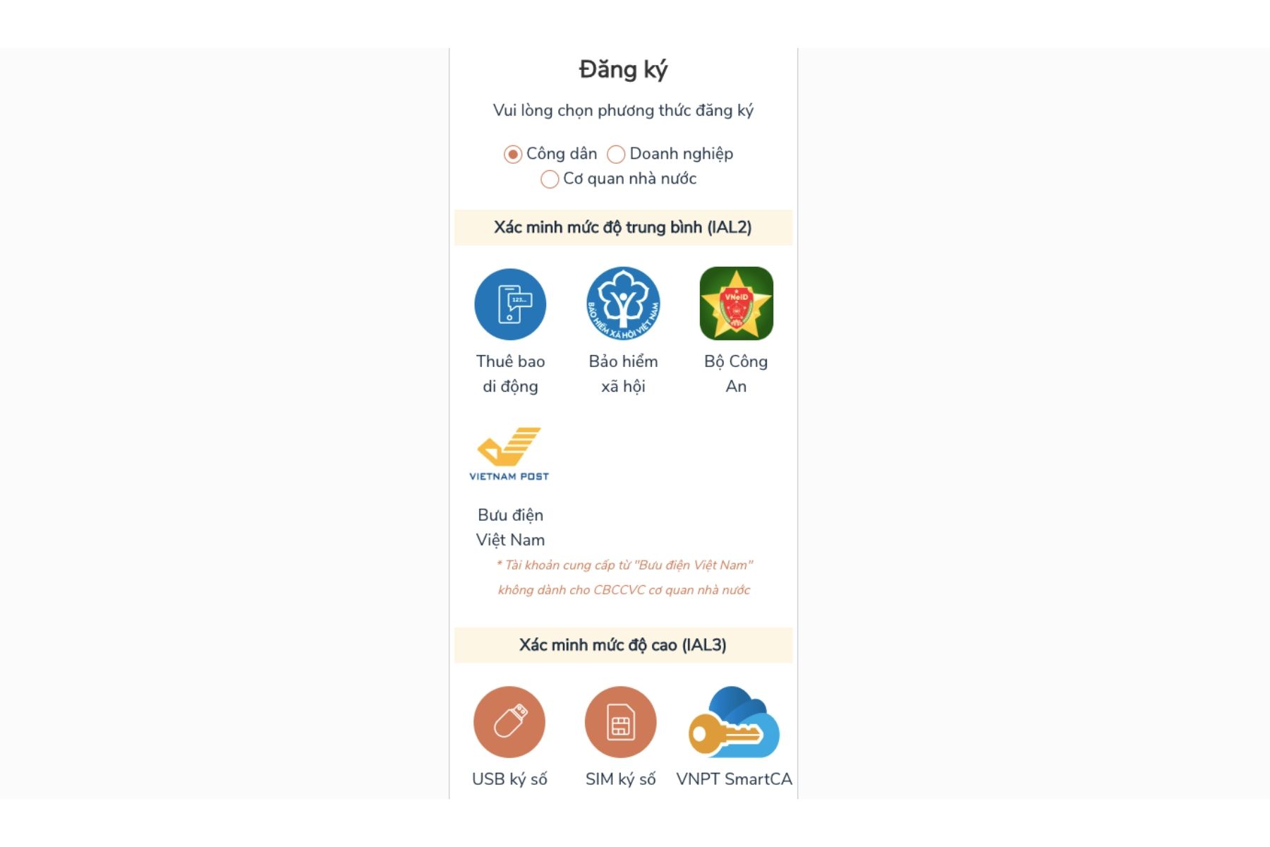 Khi nhấn vào nút Đăng ký, bạn sẽ thấy năm phương thức đăng ký dành cho cả người dùng cá nhân và doanh nghiệp (Nguồn: Internet)