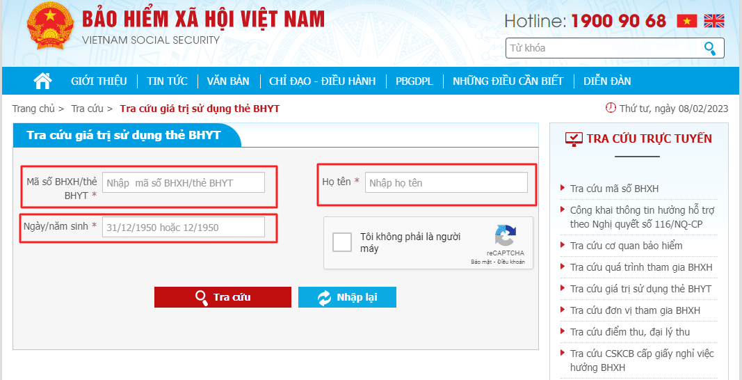 Tra cứu thông tin BHYT trên website.