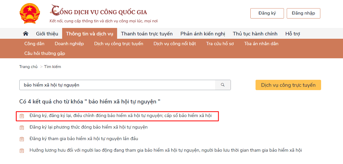Chọn DVC trực tuyến "Đăng ký, đăng ký lại, điều chỉnh đóng bảo hiểm xã hội tự nguyện; cấp sổ bảo hiểm xã hội